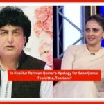 "Khalilur Rehman Qamar at an event, with a backdrop of media headlines criticizing Saba Qamar's fashion choices."